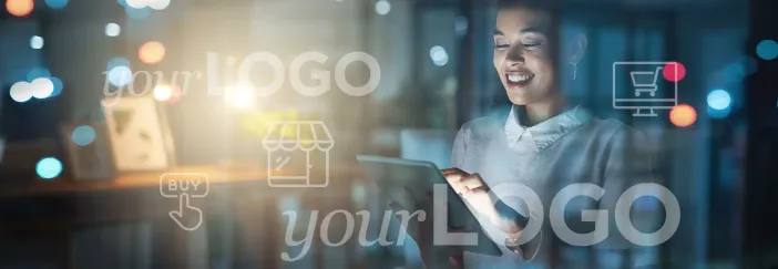 Graphic showing woman working on laptop with youLogo overlay indicating white-label ecommerce